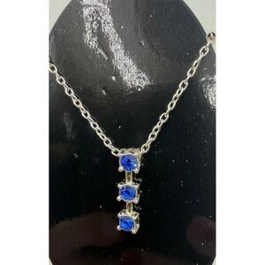 September Birthstone Necklace Blue Rhinestone Silver Tone 18" Pendant NOS